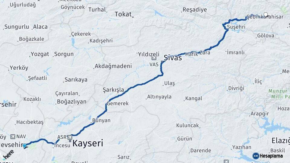 Nevşehir Alucra Giresun Arası Kaç Km - Yol Haritası