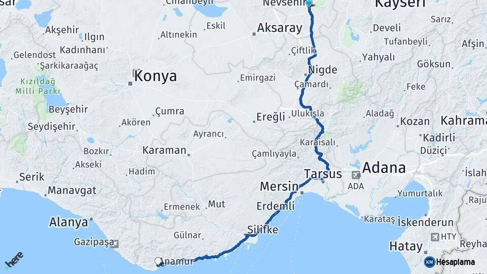Nevşehir Anamur Mersin Arası Kaç Km - Yol Haritası