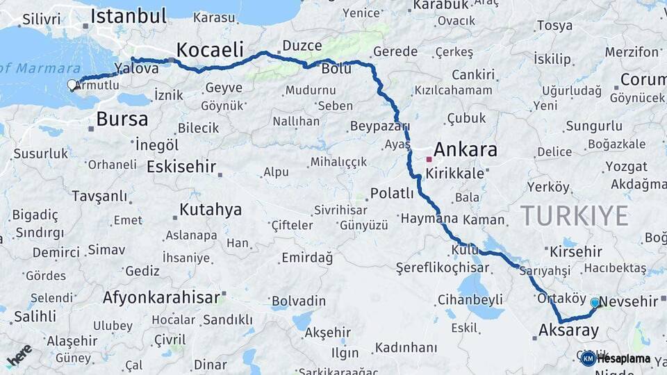 Nevşehir Armutlu Yalova Arası Kaç Km - Yol Haritası