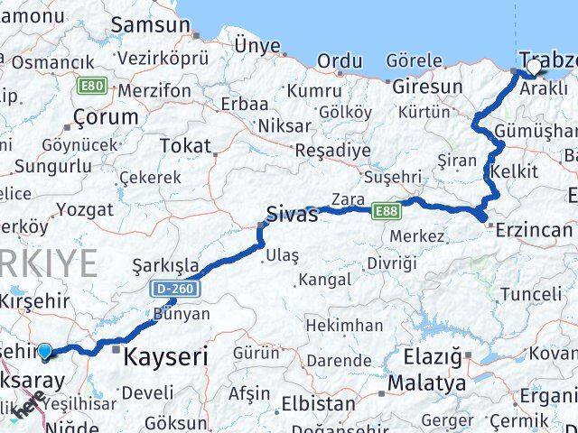 Nevşehir Arsin Trabzon Arası Kaç Km - Yol Haritası