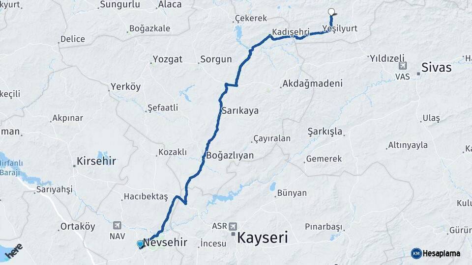 Nevşehir Artova Tokat Arası Kaç Km - Yol Haritası