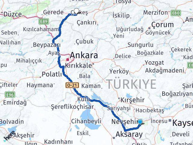 Nevşehir Atkaracalar Çankırı Arası Kaç Km - Yol Haritası