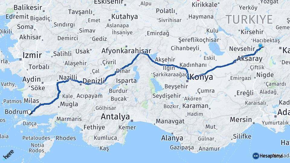 Nevşehir Avanos Bodrum Muğla Arası Kaç Km - Yol Haritası