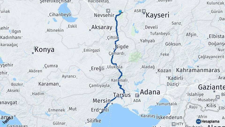 Nevşehir Avanos Erdemli Mersin Arası Kaç Km - Yol Haritası