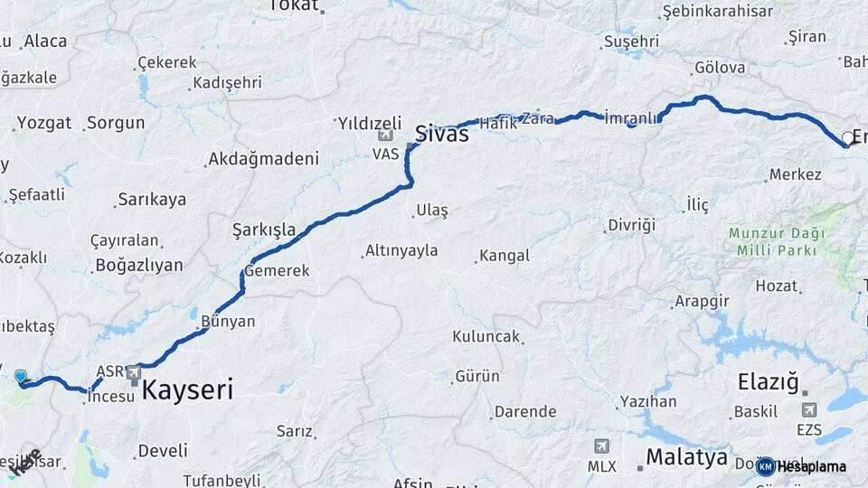 Nevşehir Avanos Erzincan Arası Kaç Km - Yol Haritası