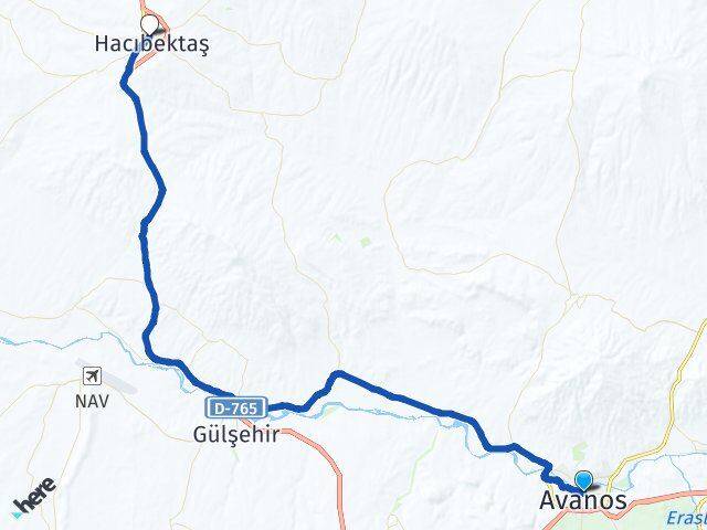 Nevşehir Avanos Hacıbektaş Arası Kaç Km - Yol Haritası