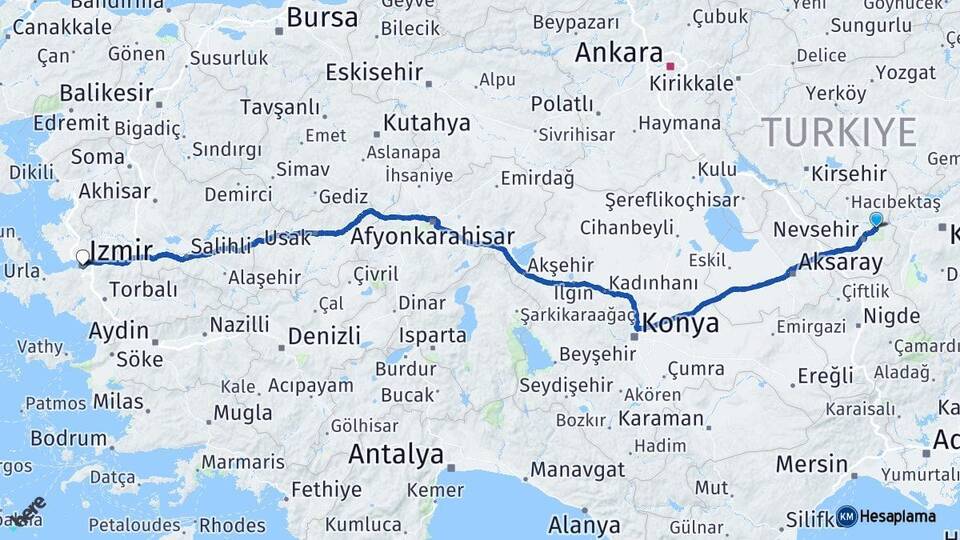 Nevşehir Avanos İzmir Arası Kaç Km - Yol Haritası