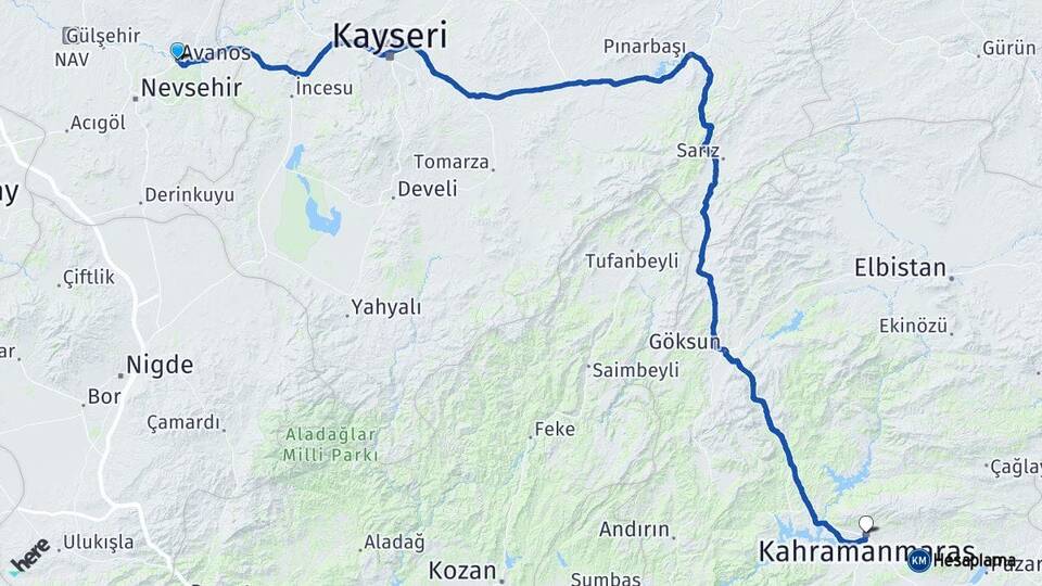 Nevşehir Avanos Kahramanmaraş Arası Kaç Km - Yol Haritası