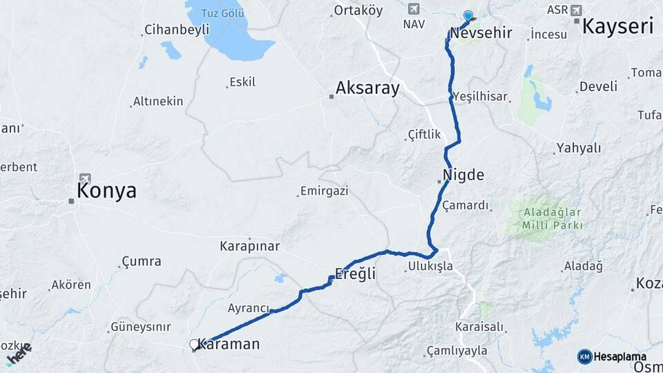 Nevşehir Avanos Karaman Arası Kaç Km - Yol Haritası