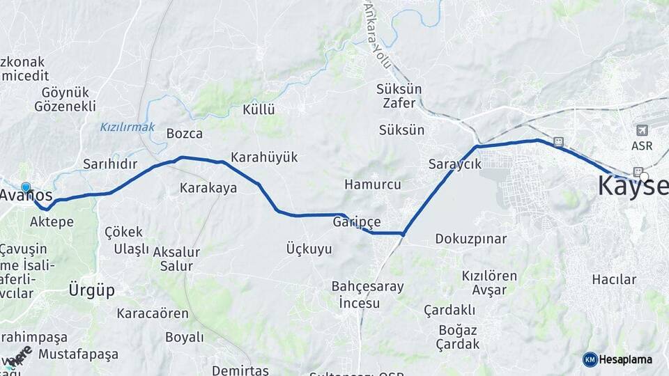 Nevşehir Avanos Kayseri Arası Kaç Km - Yol Haritası