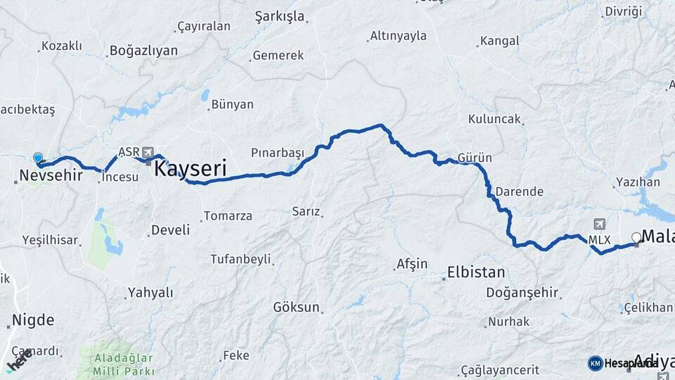 Nevşehir Avanos Malatya Arası Kaç Km - Yol Haritası