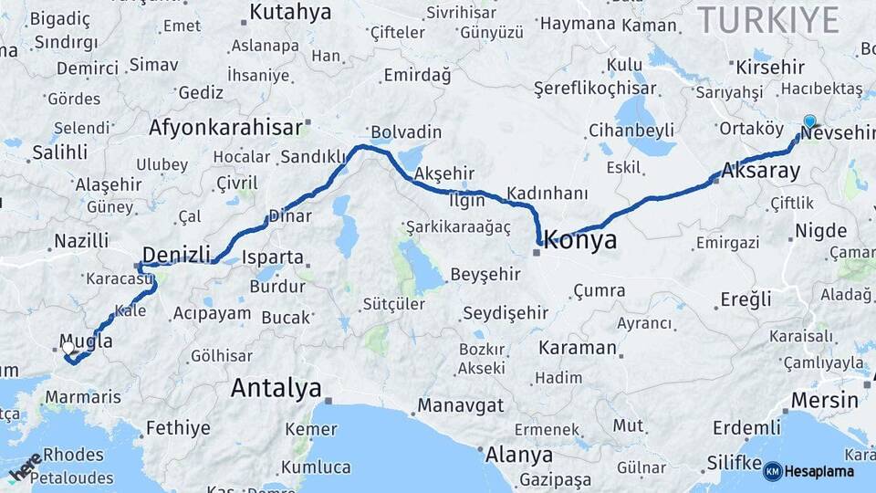 Nevşehir Avanos Muğla Arası Kaç Km - Yol Haritası