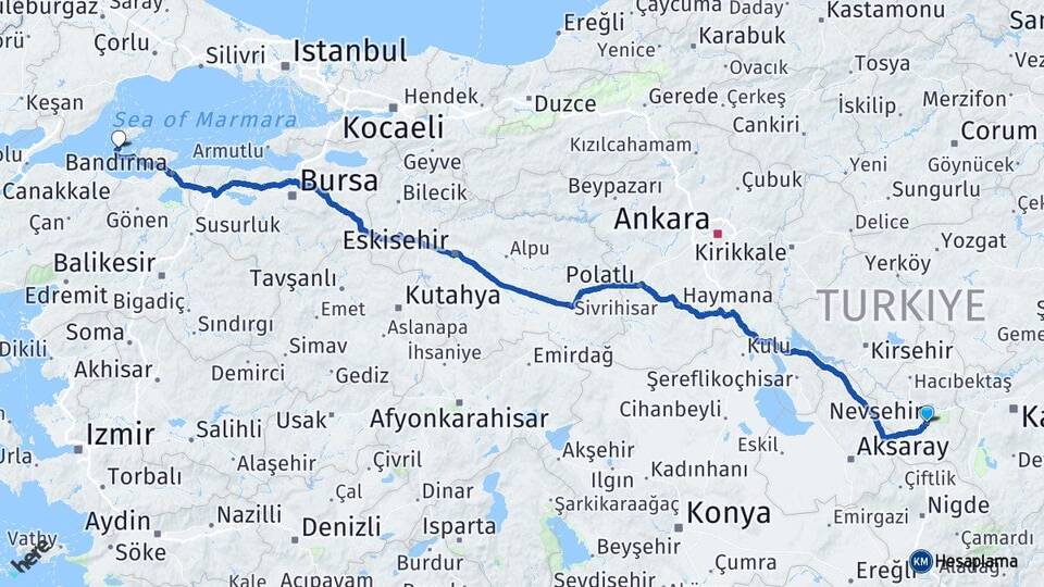 Nevşehir Avşa Marmara Balıkesir Arası Kaç Km - Yol Haritası