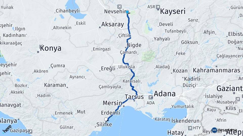 Nevşehir Ayaş Erdemli Mersin Arası Kaç Km - Yol Haritası