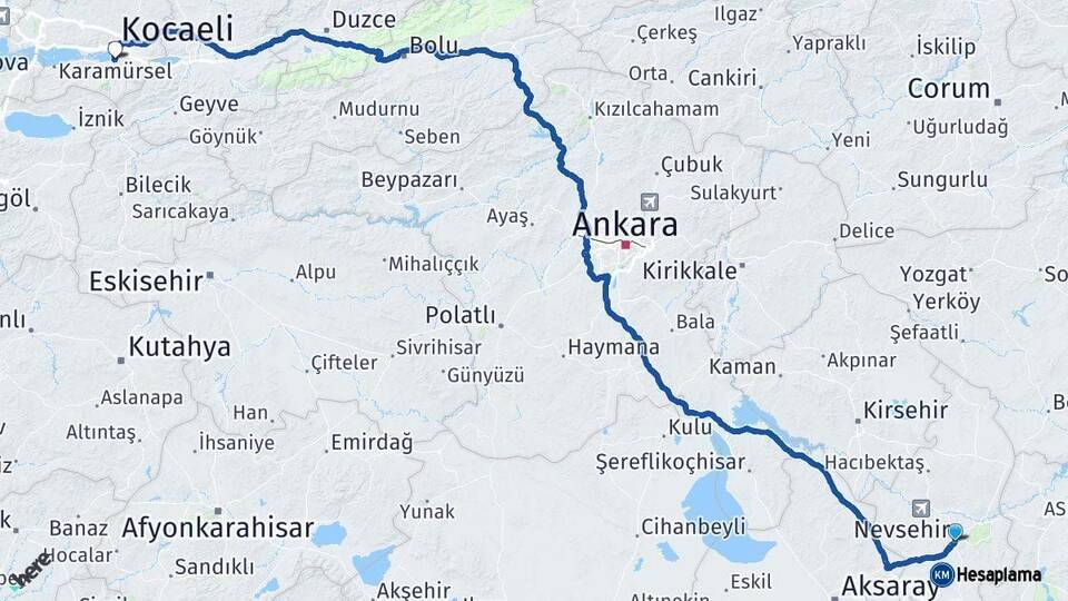 Nevşehir Başiskele Kocaeli Arası Kaç Km - Yol Haritası
