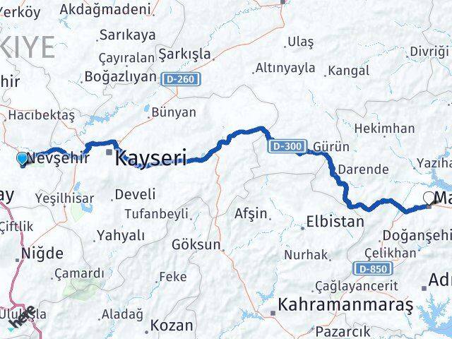 Nevşehir Battalgazi Malatya Arası Kaç Km - Yol Haritası