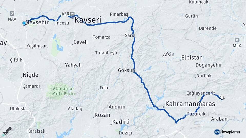 Nevşehir Besni Adıyaman Arası Kaç Km - Yol Haritası