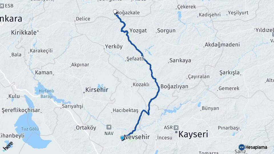 Nevşehir Boğazkale Çorum Arası Kaç Km - Yol Haritası