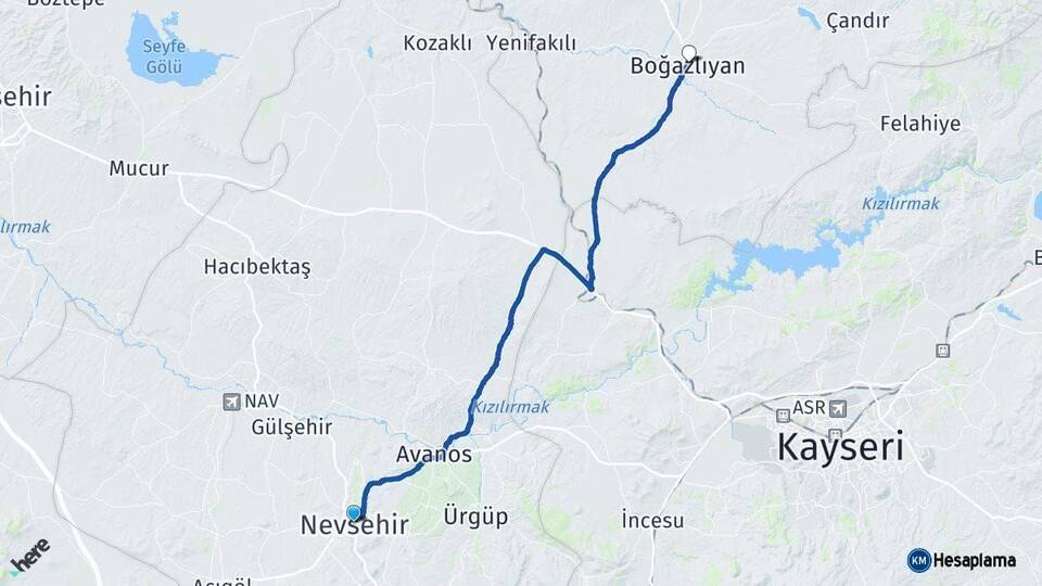 Nevşehir Boğazlıyan Yozgat Arası Kaç Km - Yol Haritası
