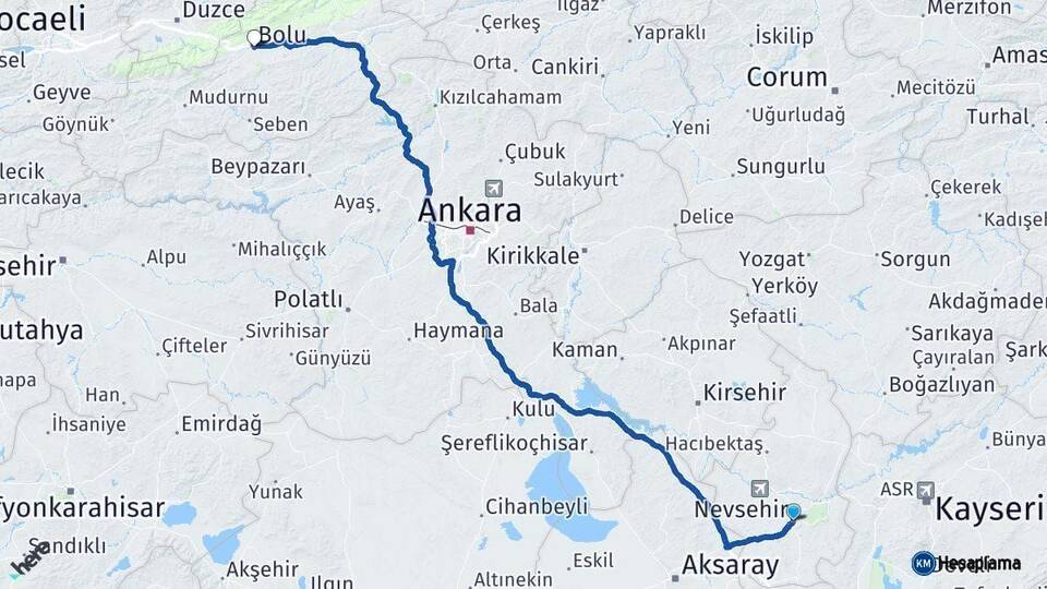 Nevşehir Bolu Arası Kaç Km - Yol Haritası