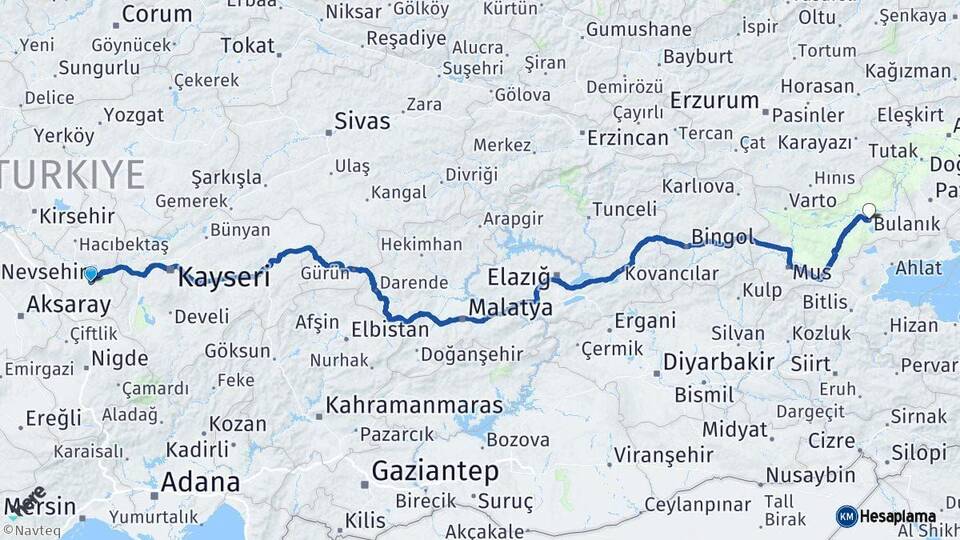 Nevşehir Bulanık Muş Arası Kaç Km - Yol Haritası