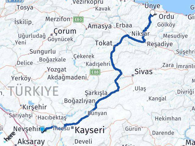 Nevşehir Çamaş Ordu Arası Kaç Km - Yol Haritası