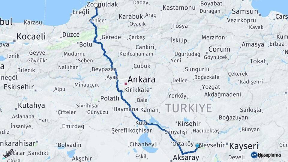 Nevşehir Çaycuma Zonguldak Arası Kaç Km - Yol Haritası