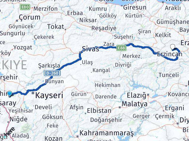 Nevşehir Çayırlı Erzincan Arası Kaç Km - Yol Haritası