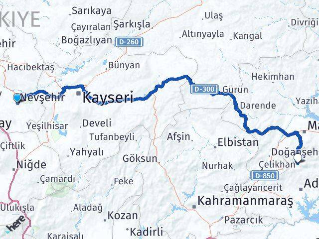 Nevşehir Çelikhan Adıyaman Arası Kaç Km - Yol Haritası