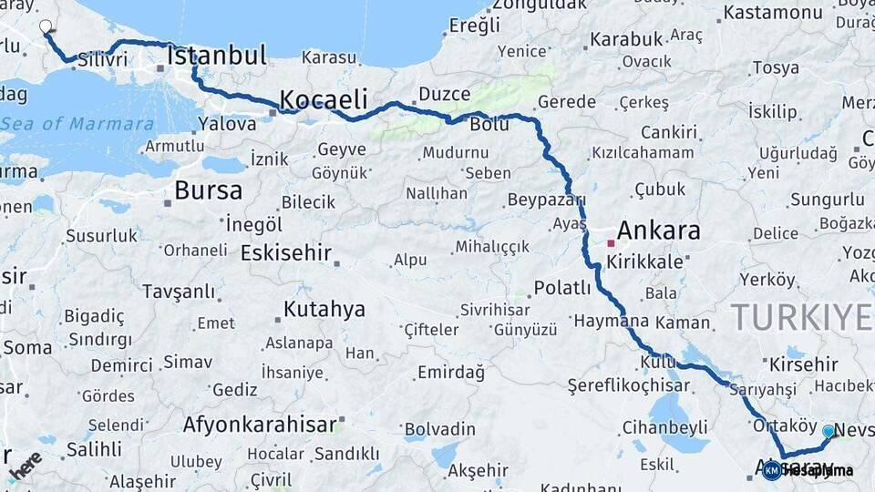 Nevşehir Çerkezköy Tekirdağ Arası Kaç Km - Yol Haritası