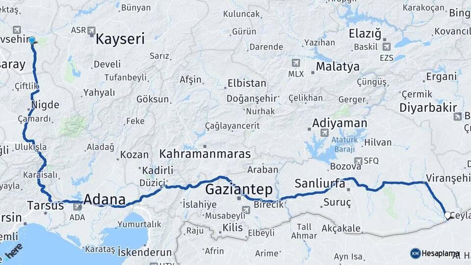 Nevşehir Ceylanpınar Şanlıurfa Arası Kaç Km - Yol Haritası