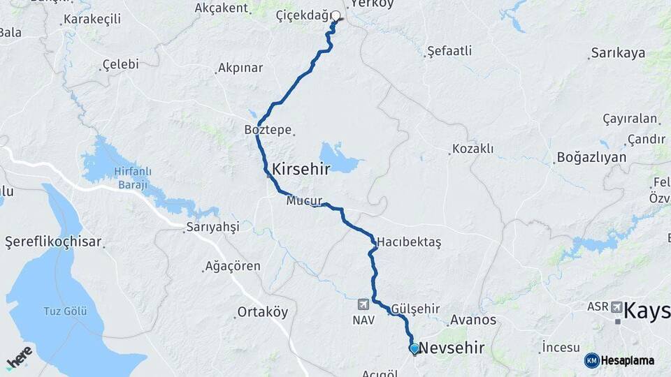 Nevşehir Çiçekdağı Kırşehir Arası Kaç Km - Yol Haritası