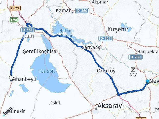 Nevşehir Cihanbeyli Konya Arası Kaç Km - Yol Haritası