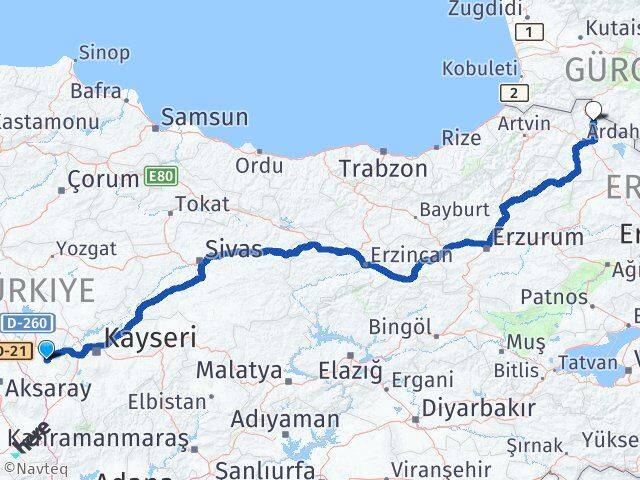 Nevşehir Damal Ardahan Arası Kaç Km - Yol Haritası