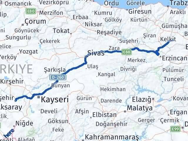 Nevşehir Demirözü Bayburt Arası Kaç Km - Yol Haritası