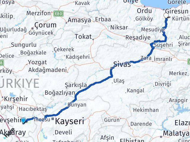 Nevşehir Dereli Giresun Arası Kaç Km - Yol Haritası