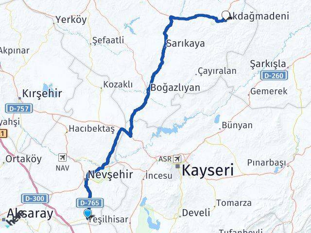 Nevşehir Derinkuyu Akdağmadeni Yozgat Arası Kaç Km - Yol Haritası