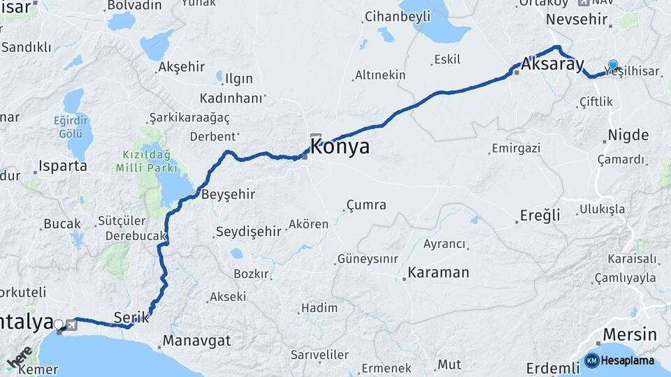 Nevşehir Derinkuyu Antalya Arası Kaç Km - Yol Haritası