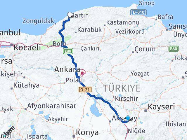 Nevşehir Derinkuyu Bartın Arası Kaç Km - Yol Haritası