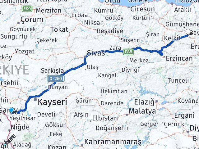 Nevşehir Derinkuyu Bayburt Arası Kaç Km - Yol Haritası