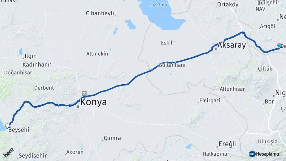Nevşehir Derinkuyu Beyşehir Konya Arası Kaç Km - Yol Haritası