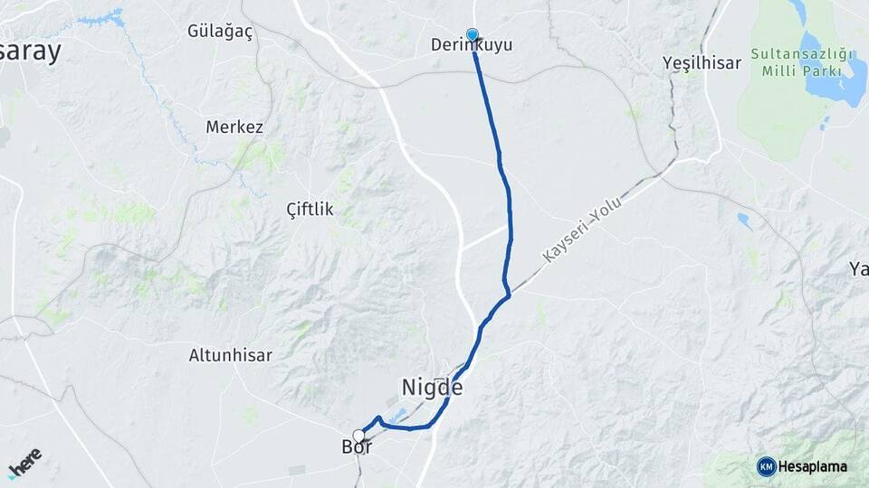 Nevşehir Derinkuyu Bor Niğde Arası Kaç Km - Yol Haritası