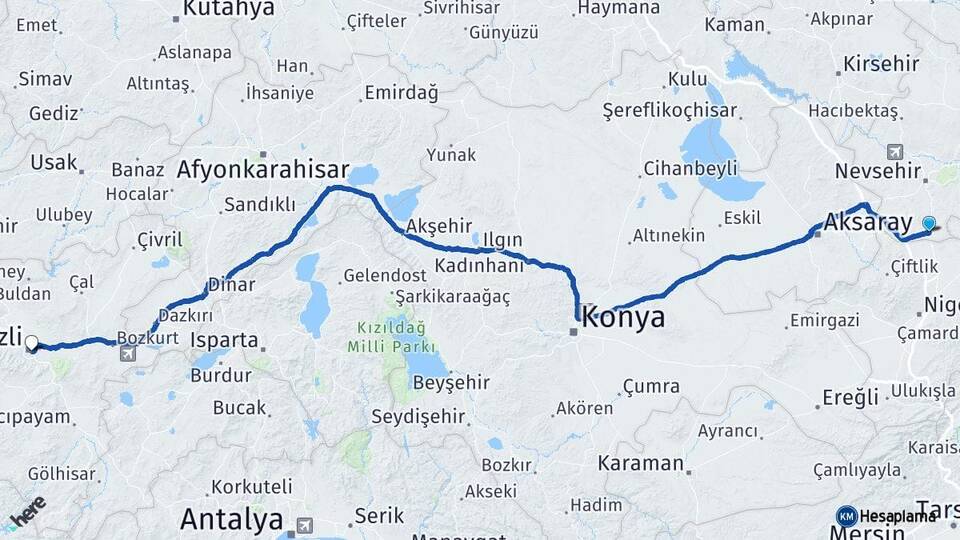 Nevşehir Derinkuyu Denizli Arası Kaç Km - Yol Haritası