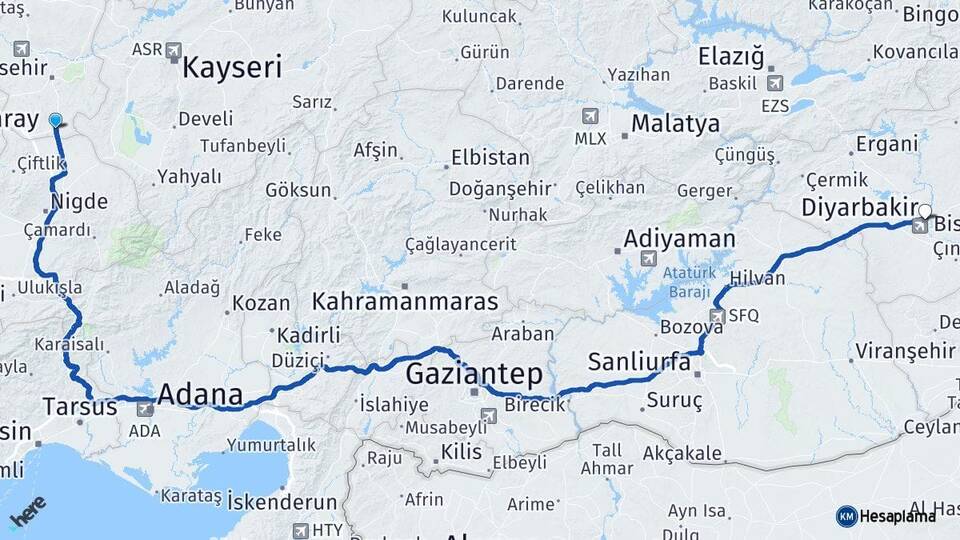 Nevşehir Derinkuyu Diyarbakır Arası Kaç Km - Yol Haritası