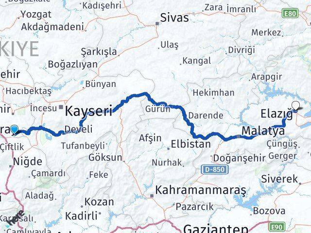 Nevşehir Derinkuyu Elazığ Arası Kaç Km - Yol Haritası