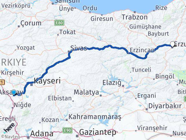 Nevşehir Derinkuyu Erzurum Arası Kaç Km - Yol Haritası