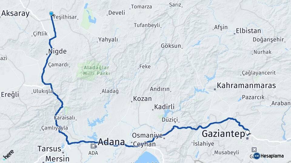 Nevşehir Derinkuyu Gaziantep Arası Kaç Km - Yol Haritası