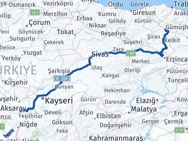 Nevşehir Derinkuyu Gümüşhane Arası Kaç Km - Yol Haritası