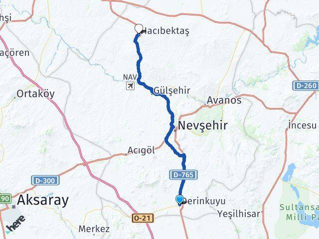 Nevşehir Derinkuyu Hacıbektaş Arası Kaç Km - Yol Haritası