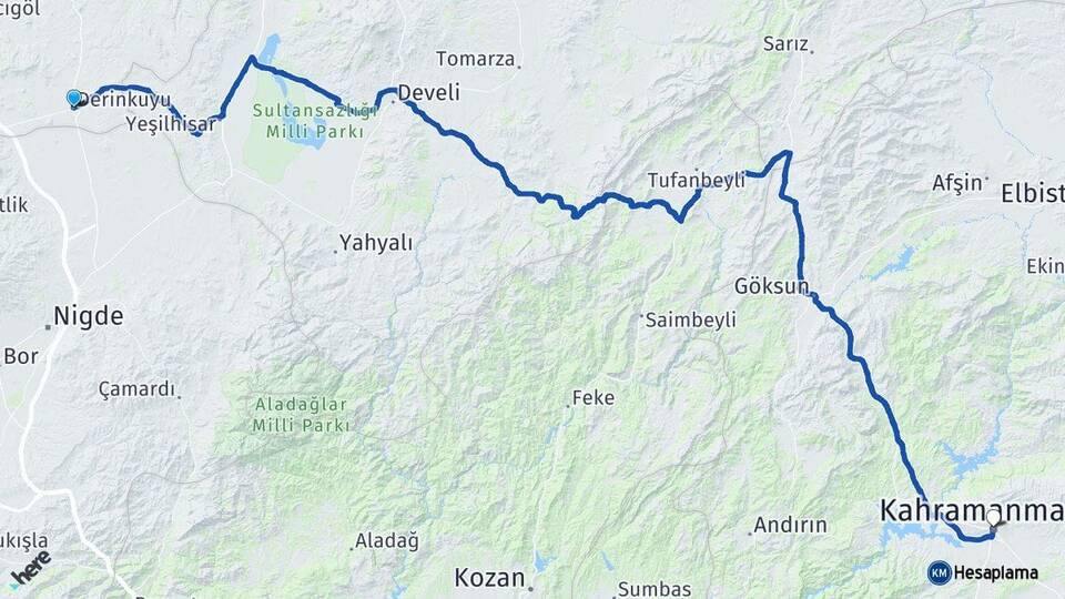 Nevşehir Derinkuyu Kahramanmaraş Arası Kaç Km - Yol Haritası